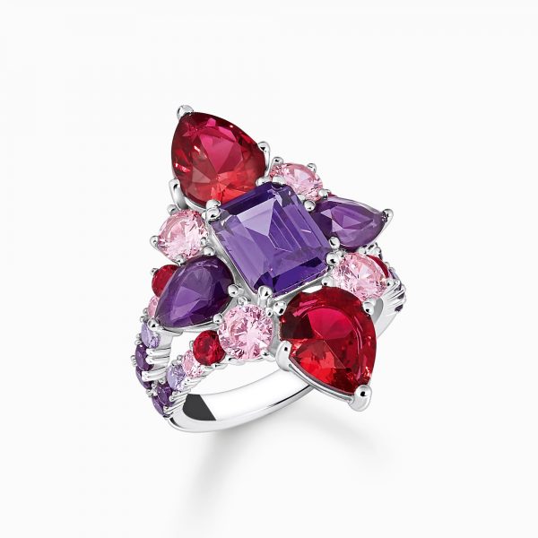 Bague cocktail glamour avec des pierres multicolores argent