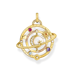 Pendentif avec anneau planétaire et pierres multicolores plaqué or