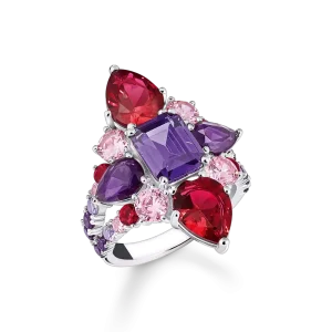 Bague cocktail glamour avec des pierres multicolores argent
